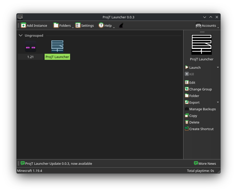 ProjT Launcher Main Menu